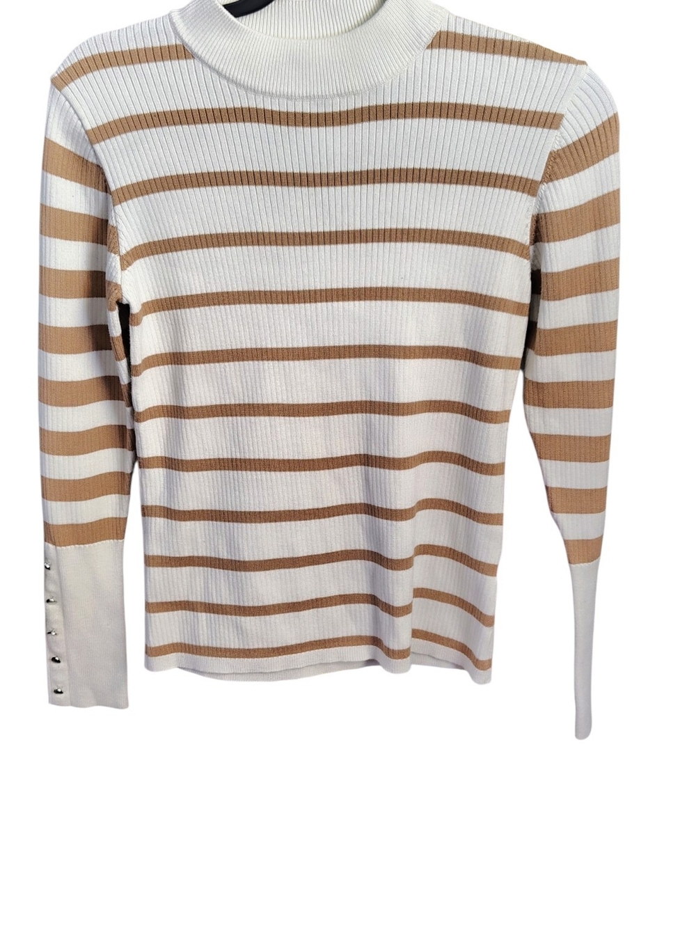 Tahari Cream and Tan Striped Ribbed Mock Neck Sweater Size Medium